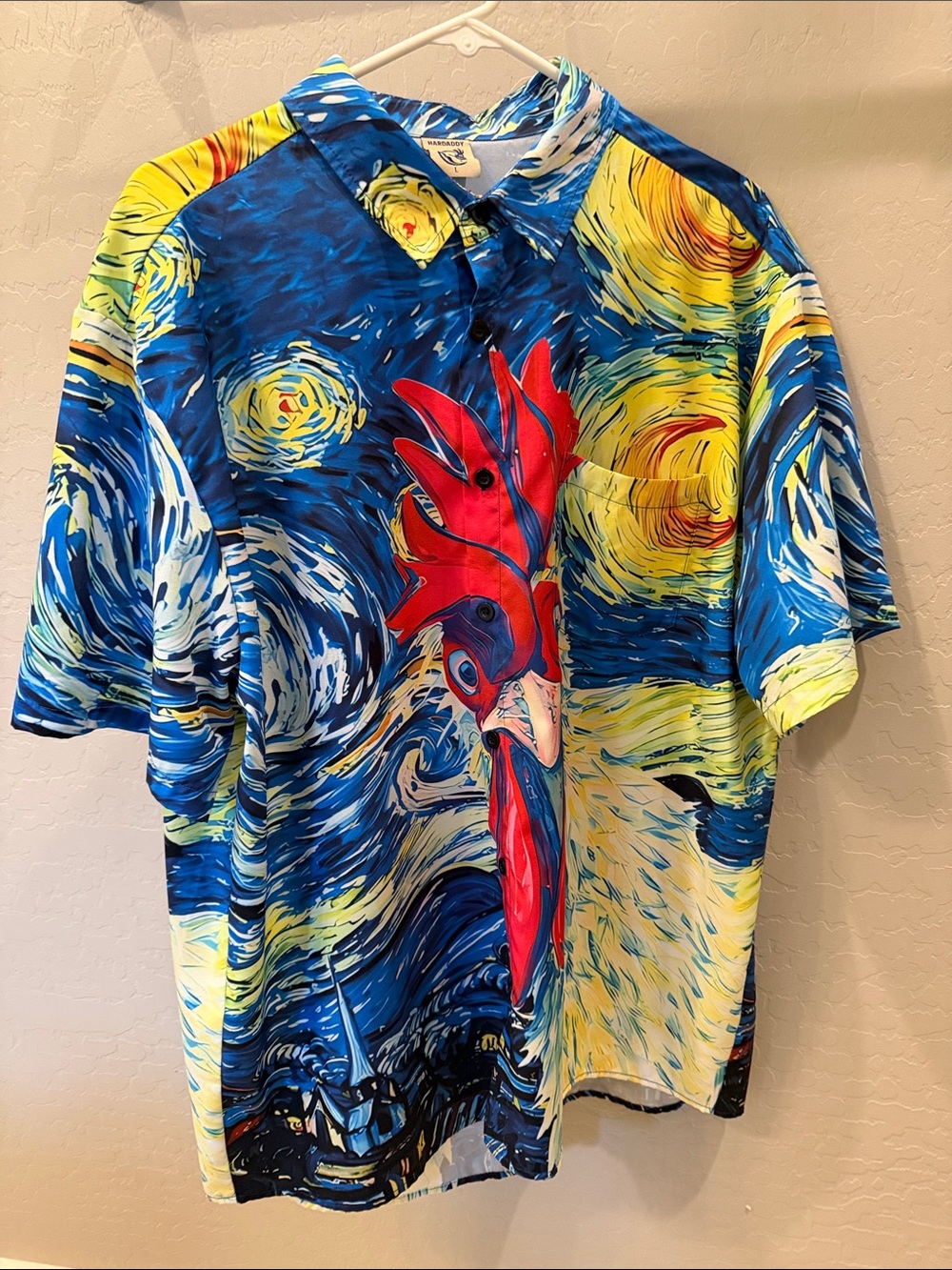 Vibrant Blue & Yellow Rooster-Print Casual Button-Down Shirt